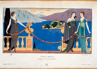Prato de moda de Georges Barbier representando senhoras em vestido de noite Redfern e Borromean Isola Bella no jornal de alta costura parisiense de fundo Gazette du Bon Ton de Georges Barbier