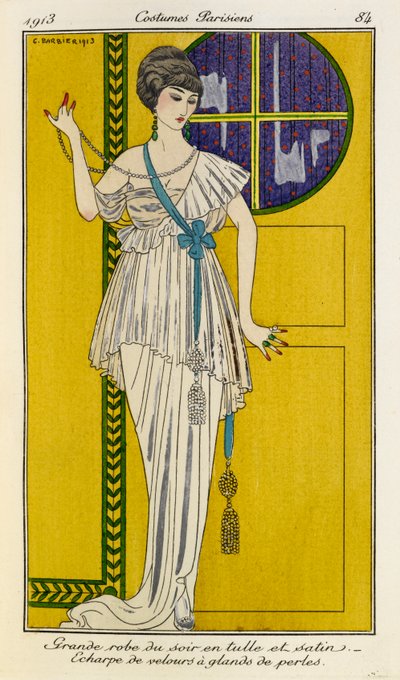 Grande robe du soir em tule e cetim. Echarpe de velours à glands de perles. Mulher vestindo um vestido de noite branco em cetim e tule com um lenço de veludo azul com borlas de pérolas e um colar de pérolas. Trajes parisienses no.37. de Georges Barbier