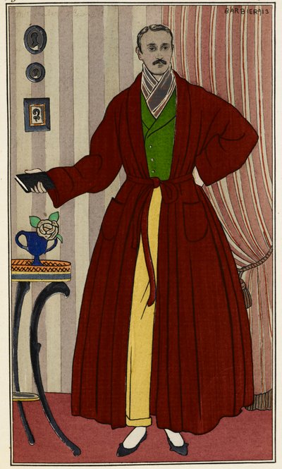 Homem com um roupão. Ilustração de George Barbier (1882-1932), tirada de Journal des dames et des modes. Paris 1912-1914. The British Library Institution, Reference Shelfmark ID: P.P.5242.dc, pl.96, página 16 oposta. Homem vestindo um penso de Georges Barbier