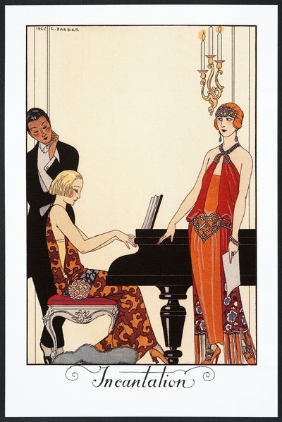 Encantamento, pianista e mulher vestida com vestidos de noite, ilustração de Falbalas et Fanfreluches, Almanaque de 1923 de Georges Barbier