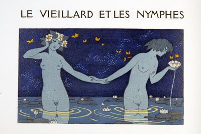 Le Vieillard et les Nymphes, ilustração de Les Chansons de Bilitis, de Pierre Louys, pub. 1922 (impressão a estêncil) de Georges Barbier