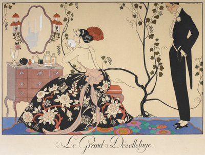 O grande decote. Uma mulher sentada em sua penteadeira, admirada por um homem. de Georges Barbier