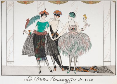 Les Belles Sauvagettes de 1920. Três mulheres em uma fila usando vestidos exóticos. de Georges Barbier