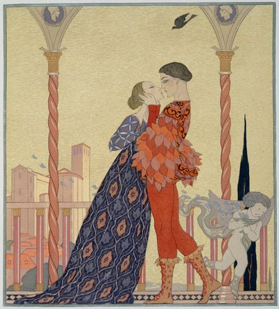 Amantes numa Varanda (aguarela sobre papel) de Georges Barbier