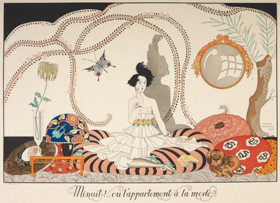 Meia-noite ! .. ou o apartamento moderno. Uma mulher sentada entre muitas almofadas. Seu cachorro de estimação com ela. de Georges Barbier