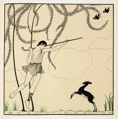 "Narciso". Cena de Narcissse, um balé clássico realizado em um ato. Narcisse estreou em 1911 em Monte Carlo. O menino está no ar dançando, carregando um cajado de pastor, um cordeiro está de pé nas patas traseiras. de Georges Barbier