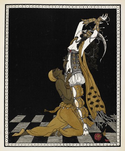 Nijinsky como o Escravo de Ouro em Sheherazade, uma suite sinfónica composta por Nikolai Rimsky-Korsakov em 1888. Está ajoelhado em frente à Sheherazade, ambos vestidos com trajes ao estilo árabe. de Georges Barbier