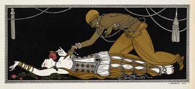 Nijinsky como a Escrava Dourada em Sheherazade, uma suíte sinfônica composta por Nikolai Rimsky-Korsakov em 1888. Sheherazade está aqui em seu leito de morte, a escrava dourada debruçada sobre ela de Georges Barbier
