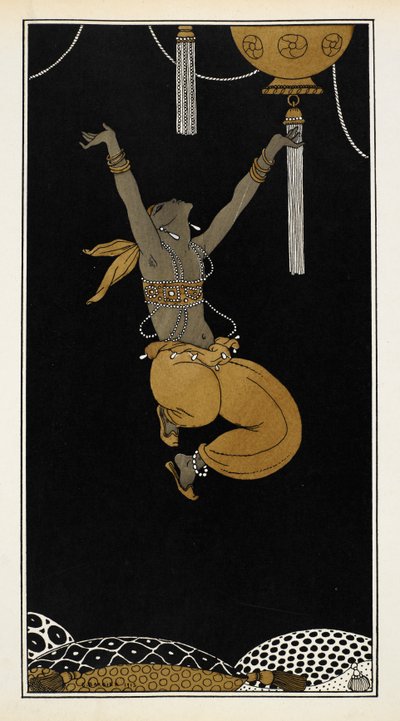 Nijinsky como o Escravo Dourado em Sheherazade, uma suíte sinfônica composta por Nikolai Rimsky-Korsakov em 1888. Nijinsky está no ar, no meio do salto. de Georges Barbier