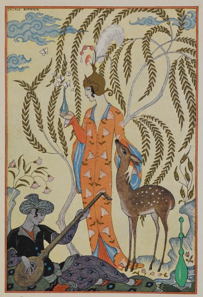 Pérsia. Uma mulher com um fulvo. Um músico. de Georges Barbier
