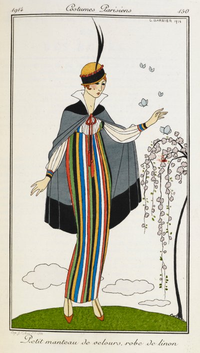 Petit manteau de velours, robe de linon. Mulher vestindo um pequeno manto de veludo, com um vestido listrado de linho, sapatos de barra laranja e um chapéu enfeitado com preto e vermelho. Trajes parisienses. de Georges Barbier