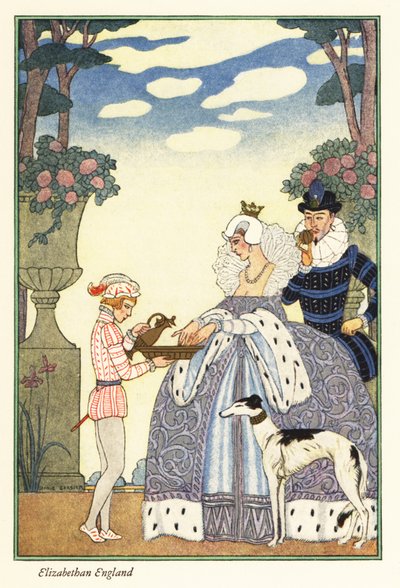 A Rainha Elizabeth lava as mãos numa tigela segurada pelo seu menino da página. 1928 (imprimir) de Georges Barbier
