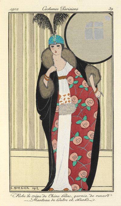 "Vestido de crepe de Chinês branco aparado com raposa. Casaco de lontra e gambas," de Georges Barbier