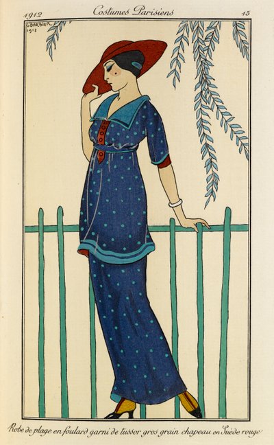 Robe de plage en foulard garni de tussor gros grain chapeau en Suède rouge. Fantasias Parisiens no.15. Mulher com um vestido de praia e um lenço de seda crua aparado com grosgrain em azul manchado e um chapéu vermelho. de Georges Barbier