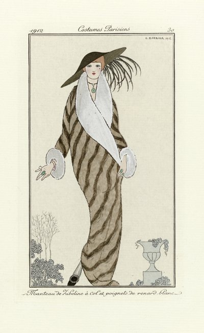 Casaco de zibelina com guarnição de raposa branca, de Costumes Parisien, pub.1912 (impressão pochoir) de Georges Barbier