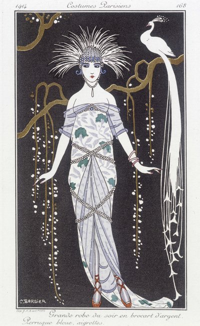 Vestido de noite e peruca de brocado de prata - Ilustração de George Barbier (1882-1932). em "Journal des dames et des modes: Fantasias Parisiens". de Georges Barbier