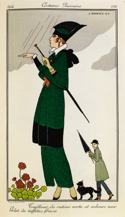 Tailleur de ratine verte et velours noir. Gilet de taffetas fraise. Mulher com uma roupa de seda verde e preta, com um colete de seda de morangueiro. Pessoa com uma gabardina com guarda-chuva e um cão ao fundo. Fantasia Parisiens. de Georges Barbier