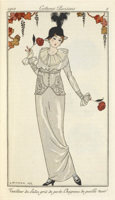 "Terno de cetim cinza pérola, chapéu de palha preto." de Georges Barbier