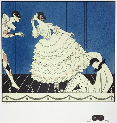Tamara Karsavina (1885-1978) como Columbine, Vaslav Nijinsky (1890-1950) como Harlequin e Adolph Bolm (1884-1951) como Pierrot no "Carnaval" de Fokine em 1910, pub. 1914 (pochoir print) de Georges Barbier