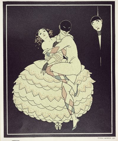 Tamara Karsavina (1885-1978) como Columbine e Vaslav Nijinsky (1890-1950) como Arlequim no Carnaval de Fokine em 1910, pub. 1914 (impressão pochoir) de Georges Barbier