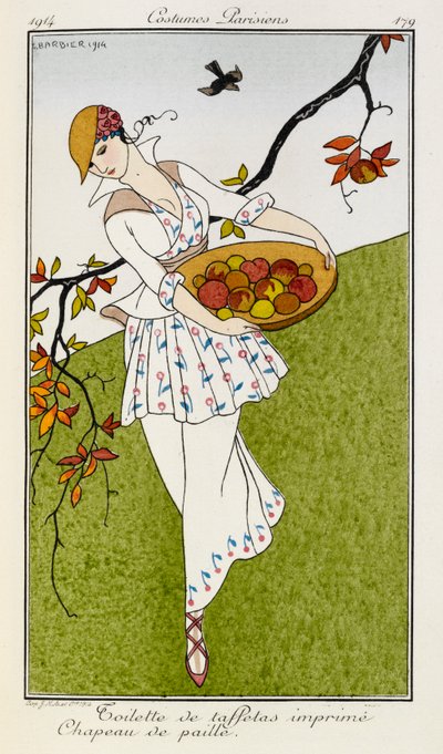 Toilette de tafetá imprime chapeau de paille. Trajes parisienses no.179. Uma mulher vestindo uma roupa estampada de seda e chapéu de palha. Ela está carregando uma tigela de frutas. de Georges Barbier