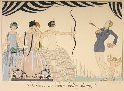 Visez au coeur, belas damas. Aponte para as senhoras do coração. Uma mulher atira uma flecha no coração de um homem. de Georges Barbier