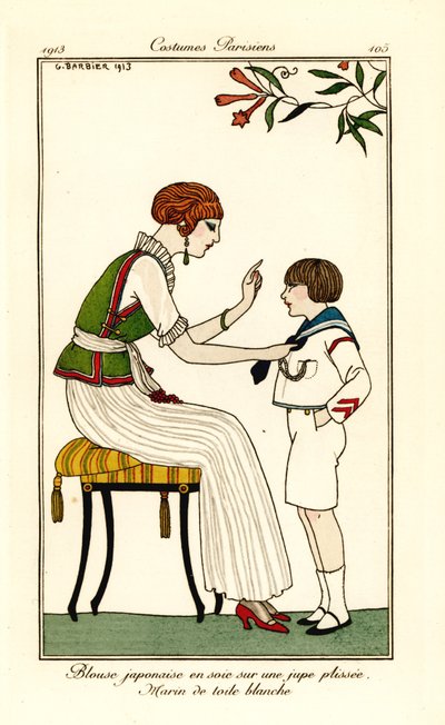 Mulher em blusa de seda japonesa e saia longa plissada de Georges Barbier