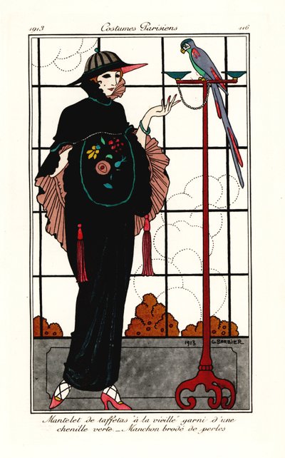 Mulher com uma capa de tafetá velha com um papagaio de Georges Barbier