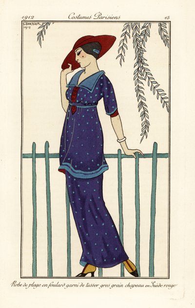 Mulher com vestido de praia de foulard decorado com grandes pontos, chapéu de camurça vermelha. Robe de plage en foulard garni de tussor gros grain, chapeau en camurça rouge. Punchhoir (stencil) de cor de mão, gravado após uma ilustração de George Barbier  de Georges Barbier