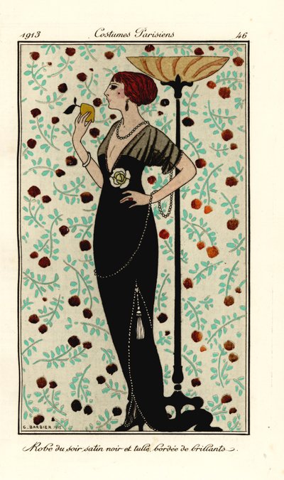 Mulher em vestido de noite de cetim preto e tule, debruado com brilhantes. Robe de soir satin noir et tule, bordee de brillants. Pochoir colorido à mão (estêncil) gravura após uma ilustração de George Barbier do Journal des Dames et des Mo de Tommaso Anton de Georges Barbier