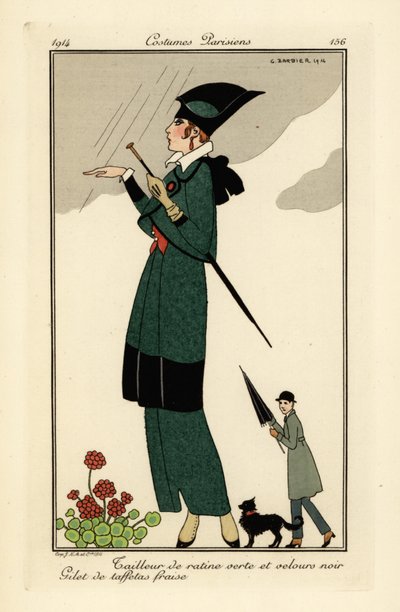 Mulher em ratine verde e terno de veludo preto. de Georges Barbier