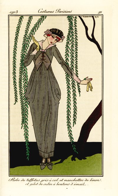 Mulher em vestido de tafetá cinza com gola e punhos de linho, colete de cetim com botões de esmalte, sob um salgueiro. Robe de taffetas gris a col et manchettes de linon, et gilet de cetim a boutons d