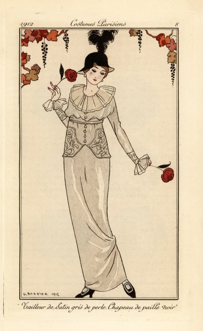 Mulher de terno cinza pérola e chapéu de palha preto. Terno de cetim cinza pérola, chapéu de palha preto. Pochoir colorido à mão (estêncil) gravura após uma ilustração de George Barbier do Journal des Dames et des Modes de Tommaso Antongini, Aux Bureaux du de Georges Barbier