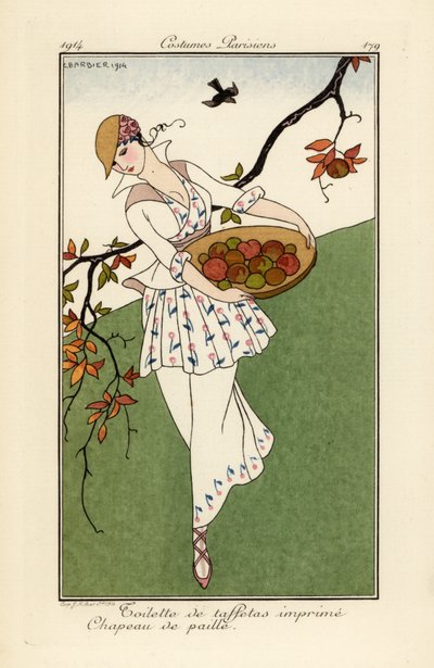 Mulher com chapéu de palha e vestido de tafetá impresso. de Georges Barbier