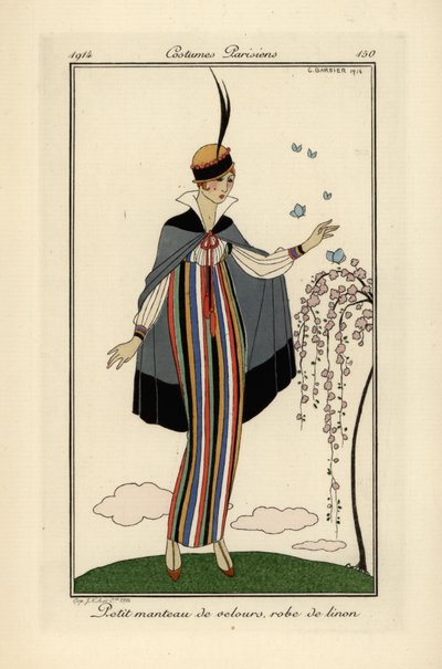 Mulher em vestido de linho às riscas com casaco curto de veludo. de Georges Barbier
