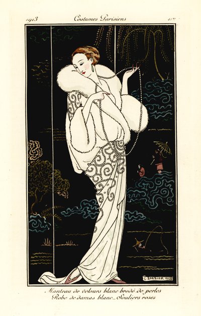 Mulher com capa de veludo, vestido damasco e chinelos cor-de-rosa. de Georges Barbier