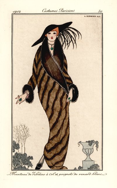 Mulher de casaco de zibelina com gola e punhos em pele de raposa branca. O casaco de zibelina tem gola e punhos de raposa branca. Pochoir colorido à mão (estêncil) gravura após uma ilustração de George Barbier do Journal des Dames et des Modes de Tommaso A de Georges Barbier