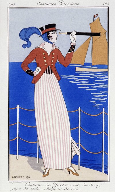 Mulher olhando de longe, em traje de iate - Moda 1914 de Georges Barbier