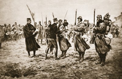Honrando os corajosos na linha de fogo: um general francês dando o elogio aos homens decorados com a medalha militar, de &39;The Illustrated War News&39; de Georges Bertin Scott