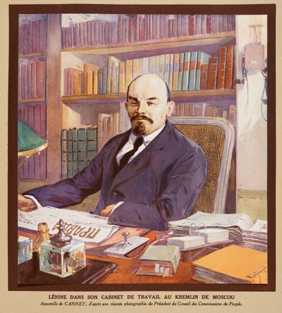Lenine no seu gabinete no Kremlin em Moscovo, de Histoire des Soviets, pub. 1922 (litografia a cores) de Georges Carrey