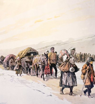 Multidões famintas a abandonar a sua terra natal, c.1924 (litografia a cores) de Georges Carrey