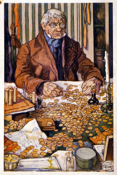 Le pere Grandet contando seu dinheiro - Ilustração em "Eugenie Grandet", de Honore de Balzac, col. Biblioteca Ideal de Georges Dupuis