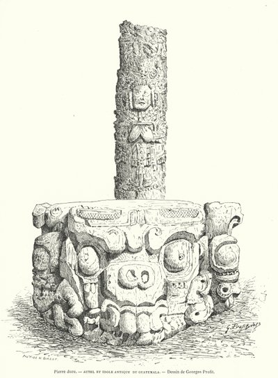 Altar e ídolo maia de pedra talhada da Guatemala (gravura) de Georges Ernest Profit