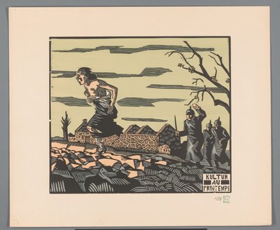 Mulher foge seminua de três soldados em um campo Kultur au printemps (título no objeto) de Georges Hermann Rene Paul
