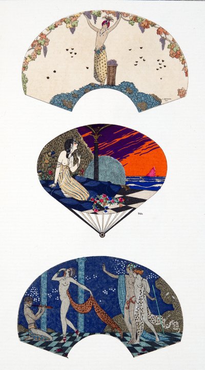 Fãs por Paquin, depois de G. Barbier e Paul Iribe. Placa 42, de Costumes Parisiens publicada no Journal des Dames et des Modes de Georges and Iribe Paul Barbier