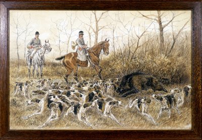 Matilha de cães à volta de um javali numa caça - desenho de Georges La Roque, cerca de 1900 de Georges La Roque