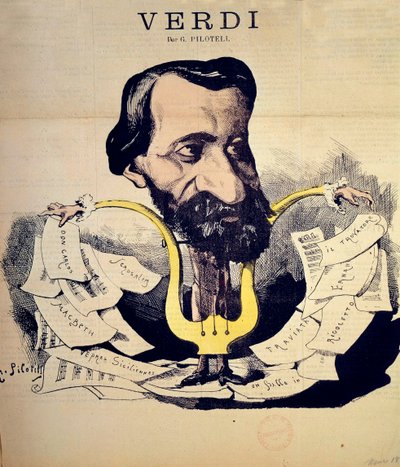 Desenho animado do compositor Giuseppe Verdi (1813-1901) por Pilotell (1845-1918) Março de 1869. Conservatório Nacional de Musique, Paris de Georges Labadie Pilotell