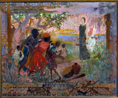 Arte académica ou bombeiro: "A conquete de África" Alegoria sobre o colonialismo representando uma jovem mulher branca a avançar solenemente para famílias africanas assustadas. Pintura de Georges Antoine Rochegrosse (1859-1938) 1900 Paris, Musee du Luxembo de Georges Marie Rochegrosse