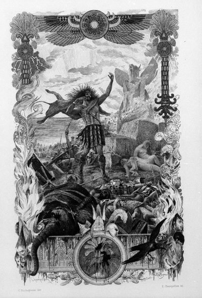 Ilustração de Georges Antoine Rochegrosse (1859-1938) para o romance "Salammbo" de Gustave Flaubert, tomando como moldura a guerra dos mercenários na época da primeira Guerra Púnica (246-241 a.C.) entre os romanos e cartagineses. de Georges Marie Rochegrosse