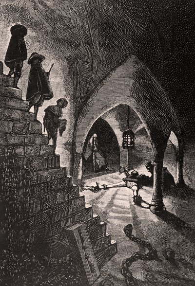 A caverna penal - ilustração do homem rindo, século XIX (gravura bw) de Georges Marie Rochegrosse